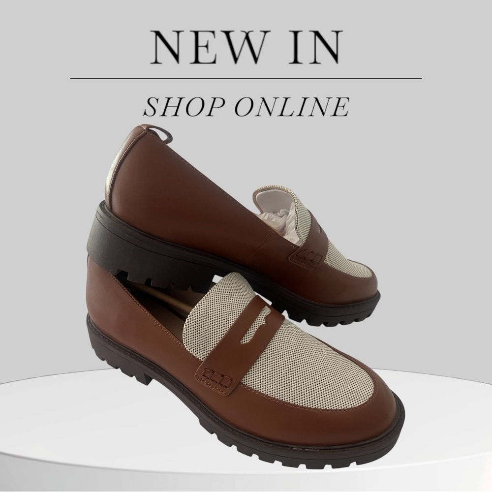 Brown and Cream Loafers Canvas penny loafer LUG-Missy. Size 8.5 Brand New Cognac